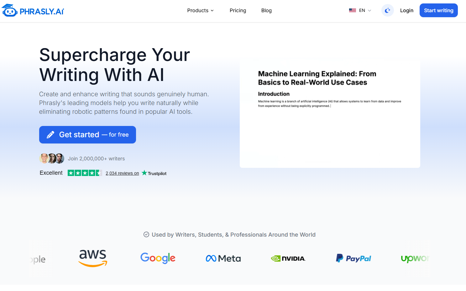 Screenshot from AI humanizer tool, Phrasely, showing renowned enterprise companies like Google and Meta that use the tool