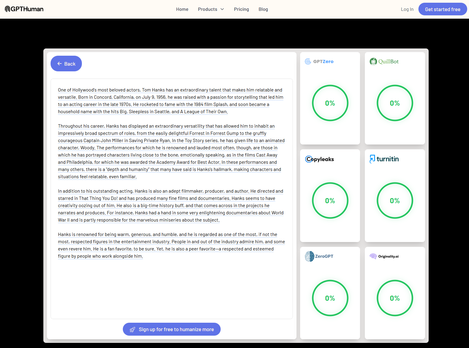 GPTZero-style AI detection results page displaying multiple indicators, each showing 0% AI probability