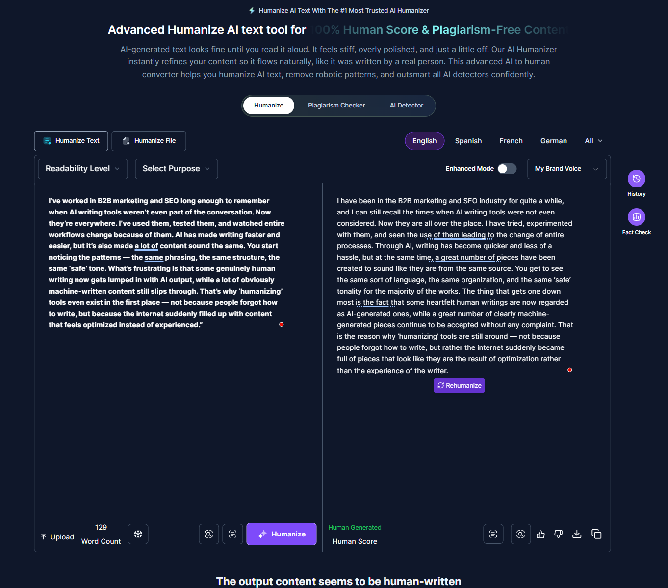 Advanced AI humanization tool interface with two text panels, language and readability controls, and a message stating the output appears human-written