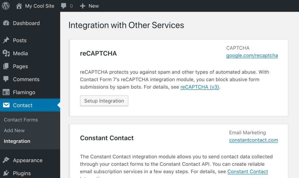 WordPress Contact Form 7 settings page showing the reCAPTCHA integration section, with fields to enter the site key and secret key