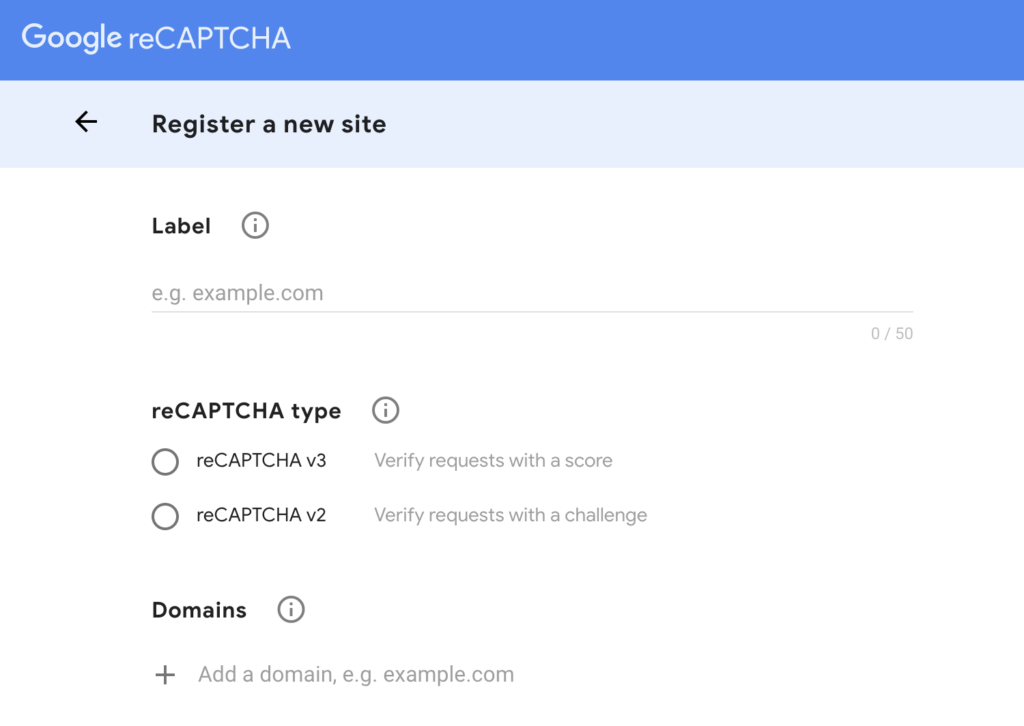Google reCAPTCHA admin page showing the “Register a new site” form, with fields for label, reCAPTCHA type selection (v3 or v2), and allowed domains
