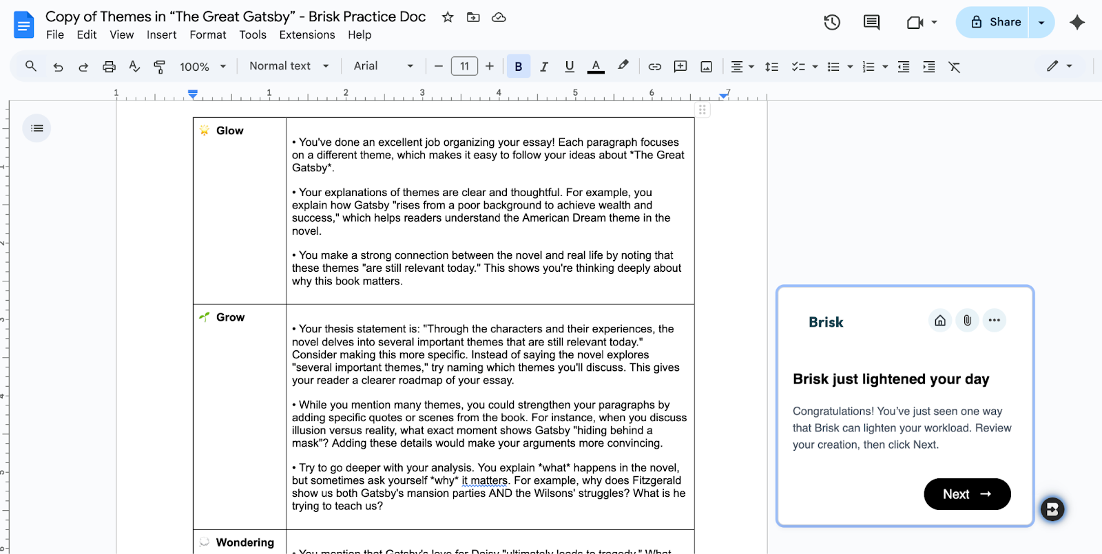 Brisk Teaching overlaid on a Google Doc