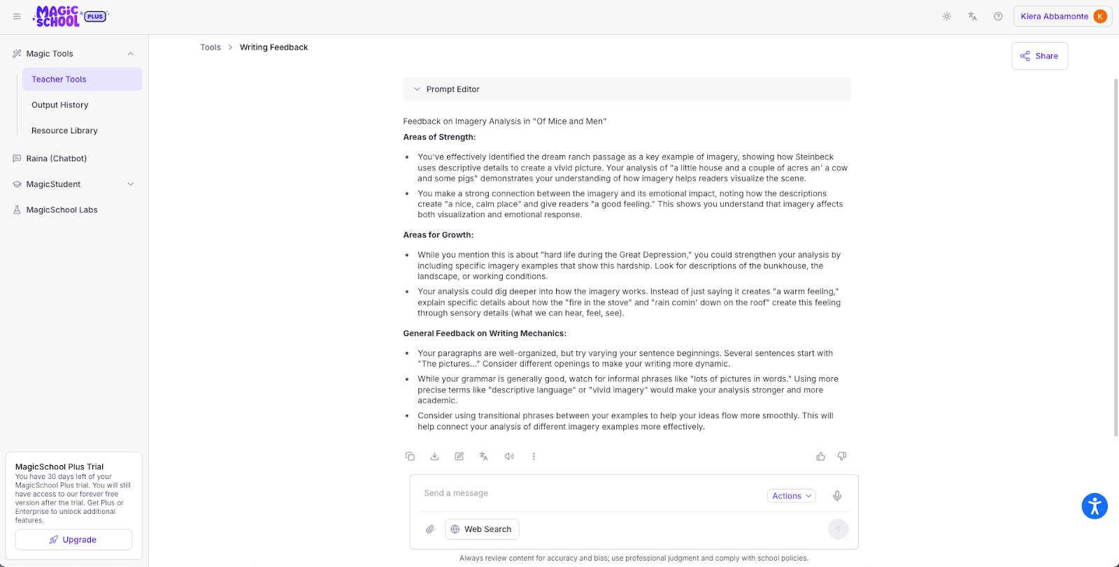MagicSchool interface showing the Writing Feedback tool