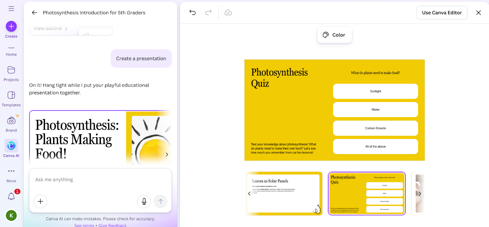 Canva Magic Studio interface showing an example presentation