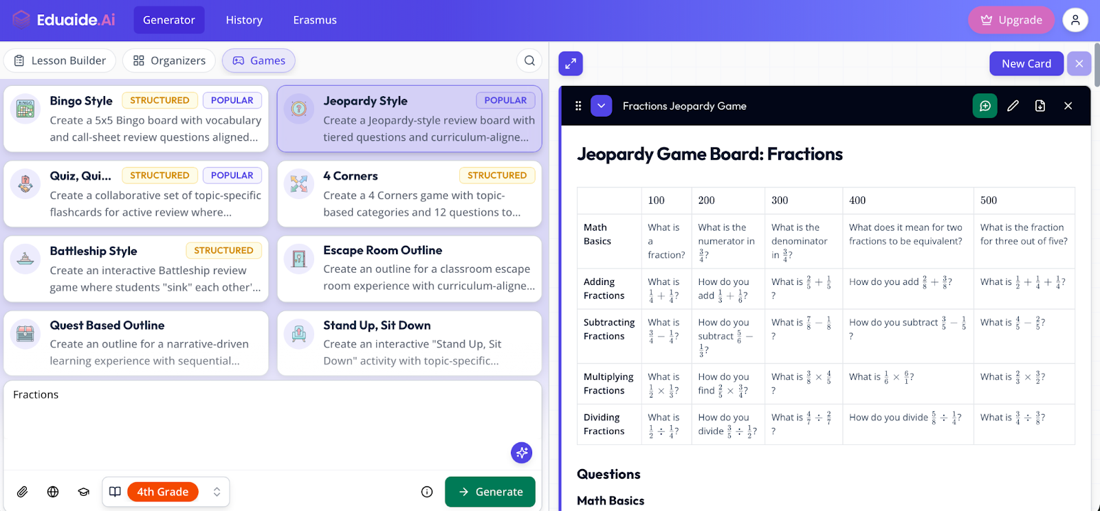 Eduaide interface showing various game templates