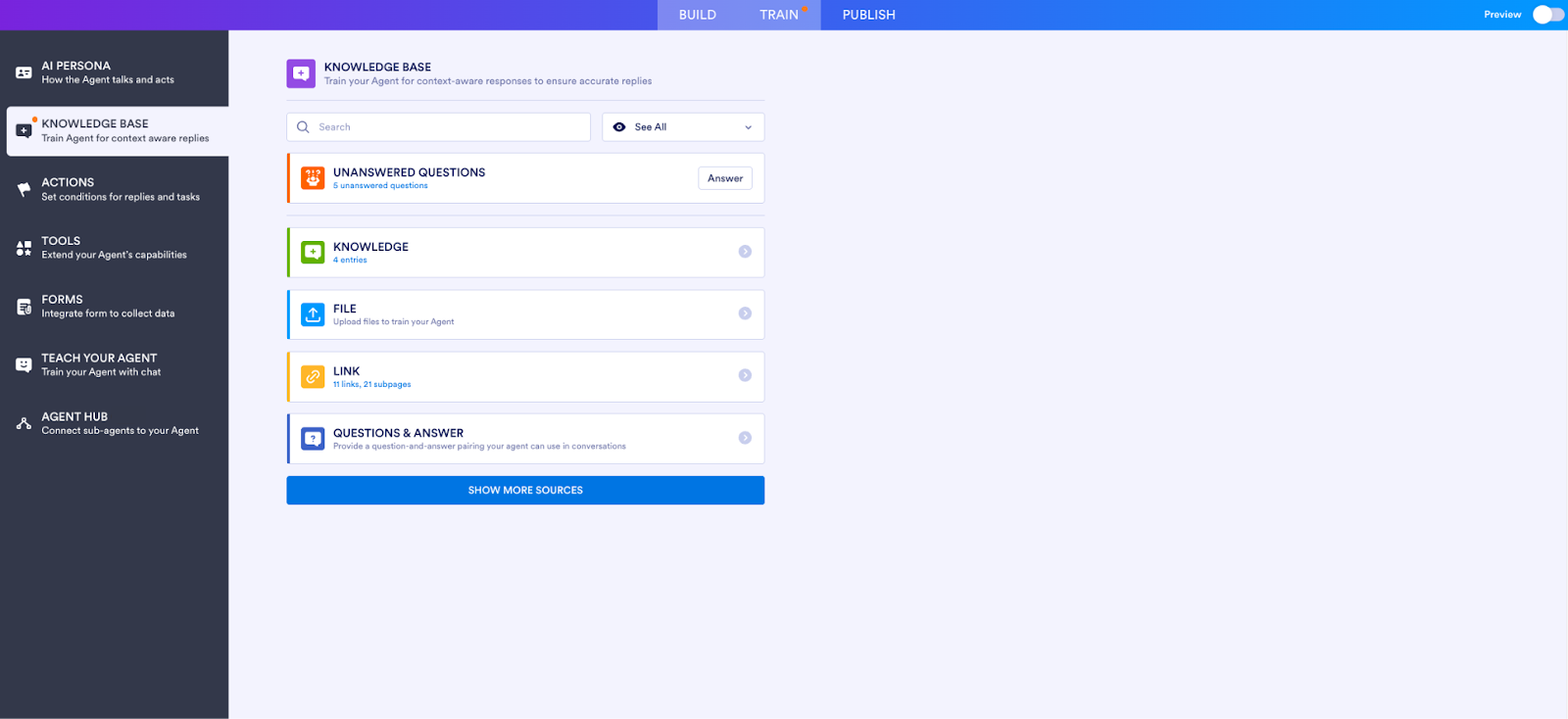 Clicking on the Train tab and then the Knowledge Base tab on Jotform AI Agent Builder 