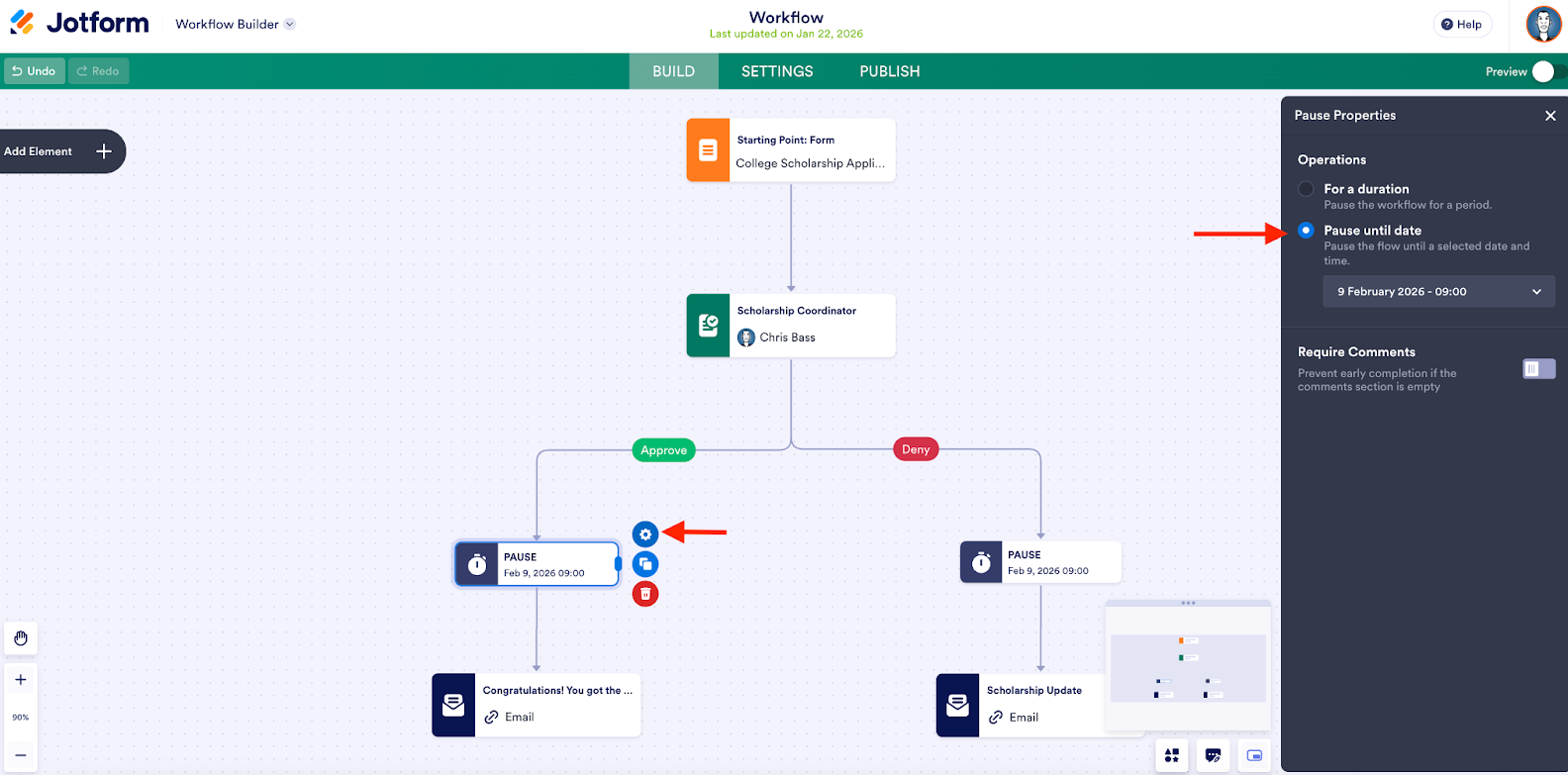 Clicking on the Pause until date option under the Pause Properties in Jotform Workflow Builder