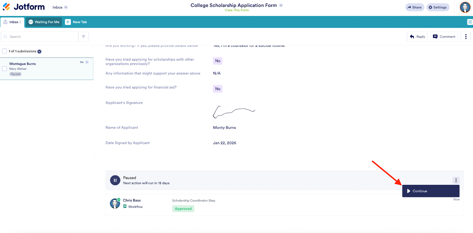 Clicking on the Continue button in Jotform Inbox