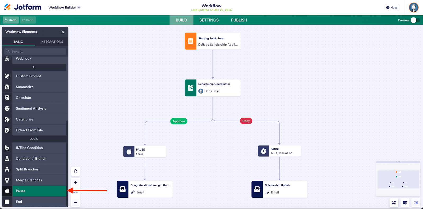 Clicking on the Pause button under the Workflow Elements