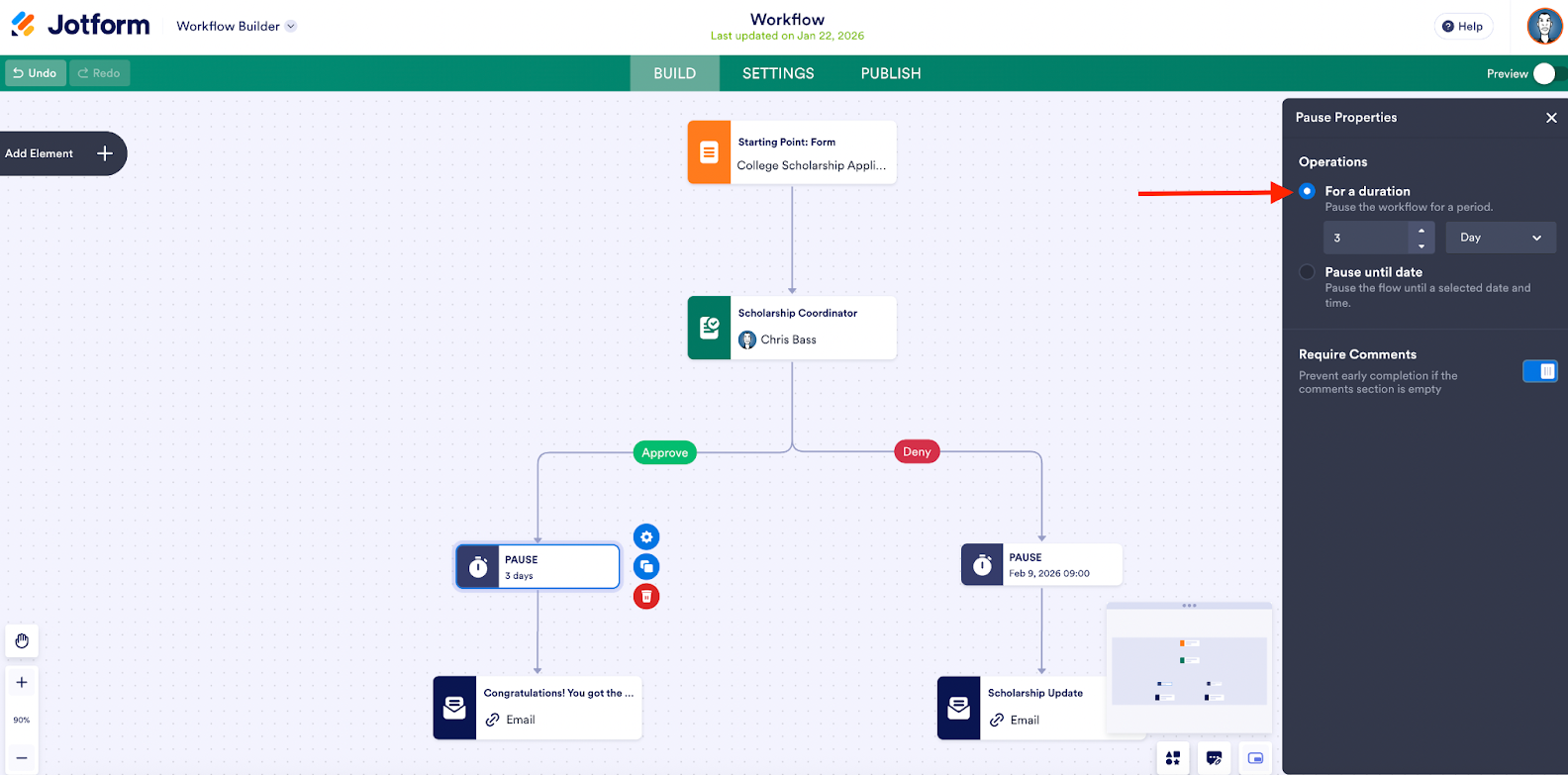 Settings a duration under the Pause Properties Window in Jotform Workflow Builder