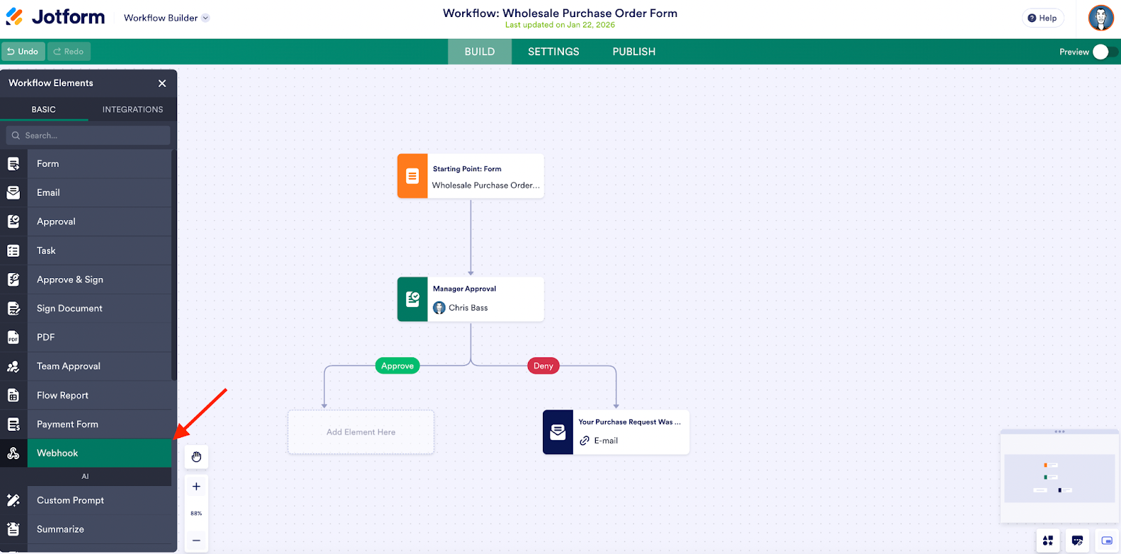 Clicking on the Webhook option under the Workflow Elements on Jotform Workflow Builder