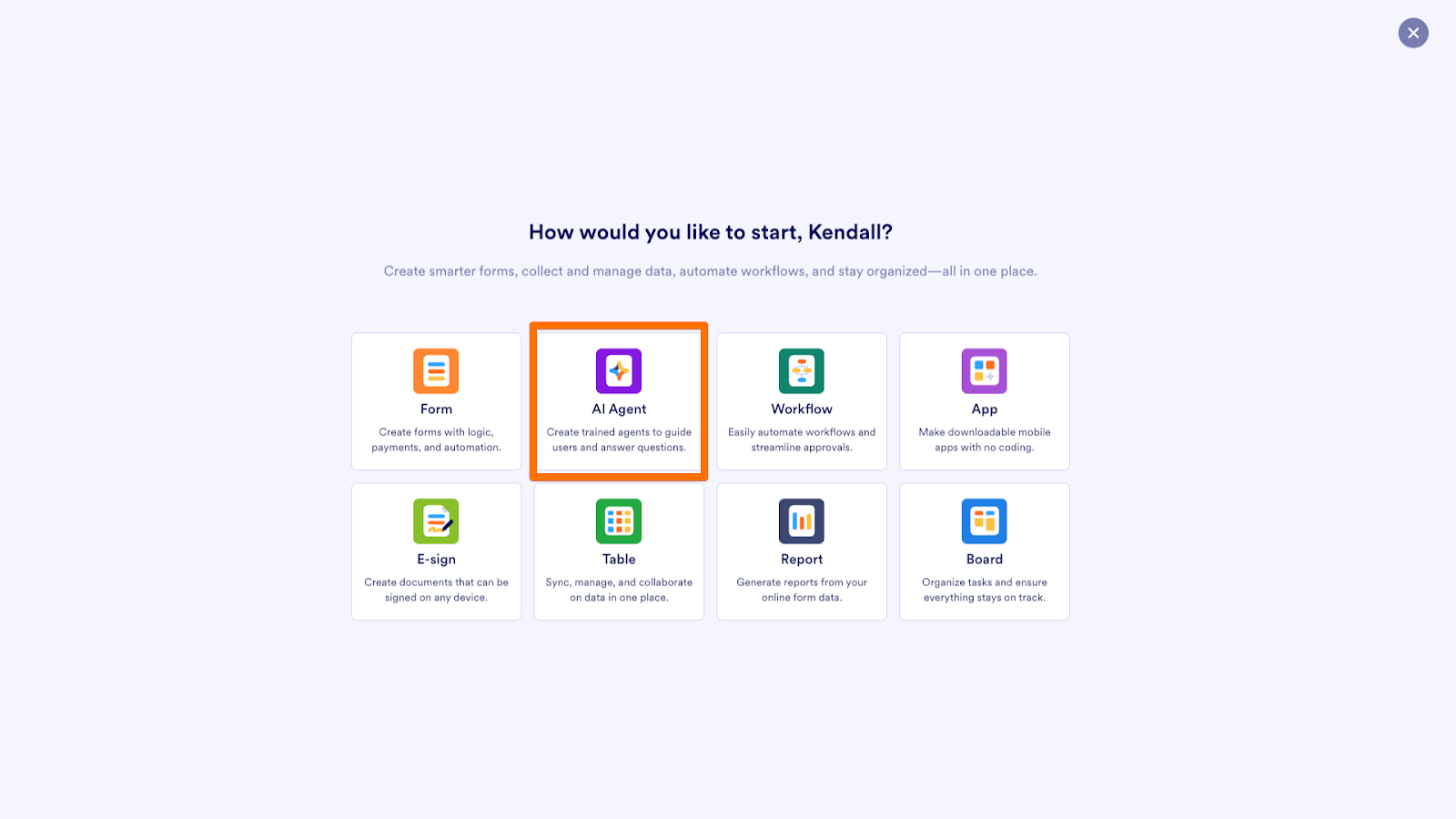 Selecting the AI Agent option on the Jotform Enterprise Workspace
