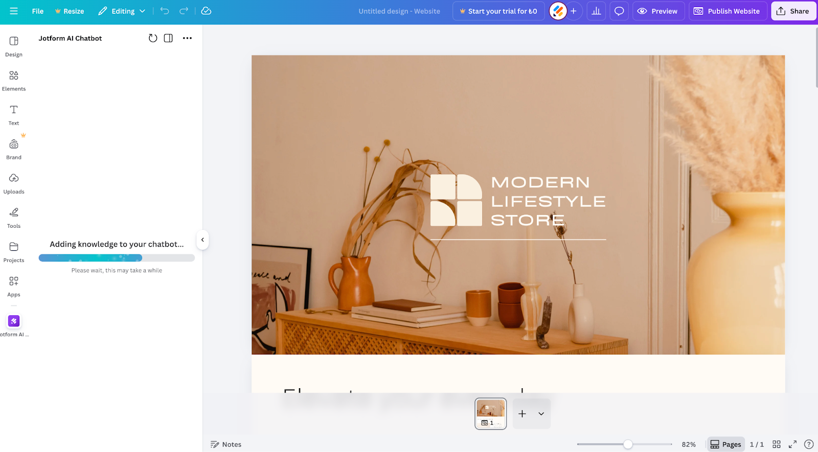 Creating the Jotform AI Chatbot on Canva viewing the message "Adding knowledge to your chatbot"