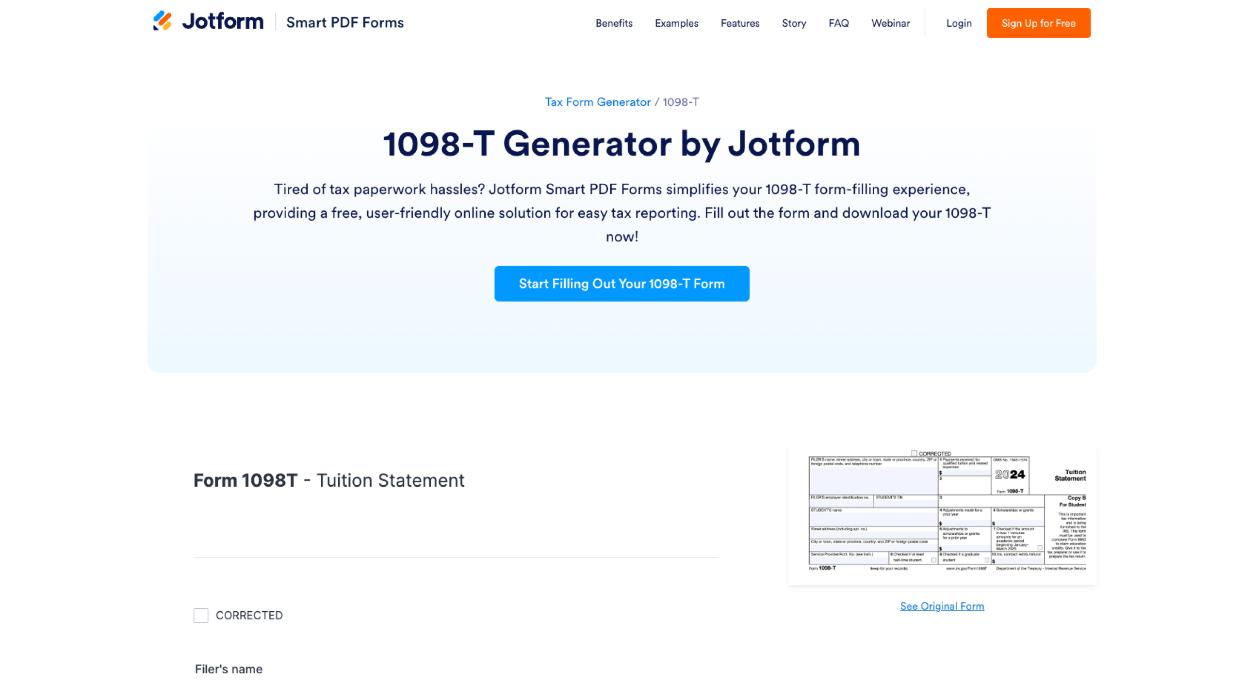 Jotform 1098-T Generator Landing Page