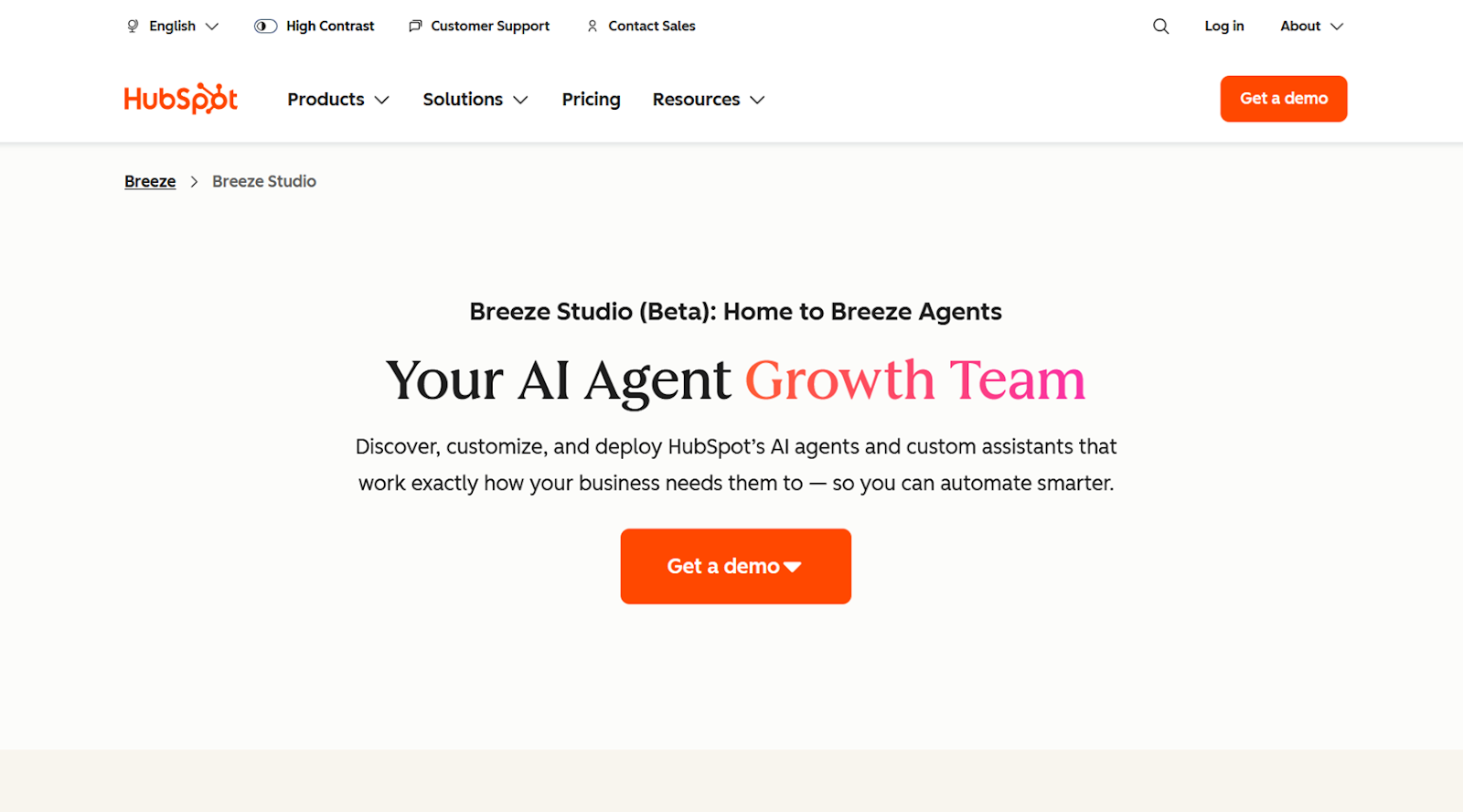 Screenshot of Hubspot Breeze Agents landing page