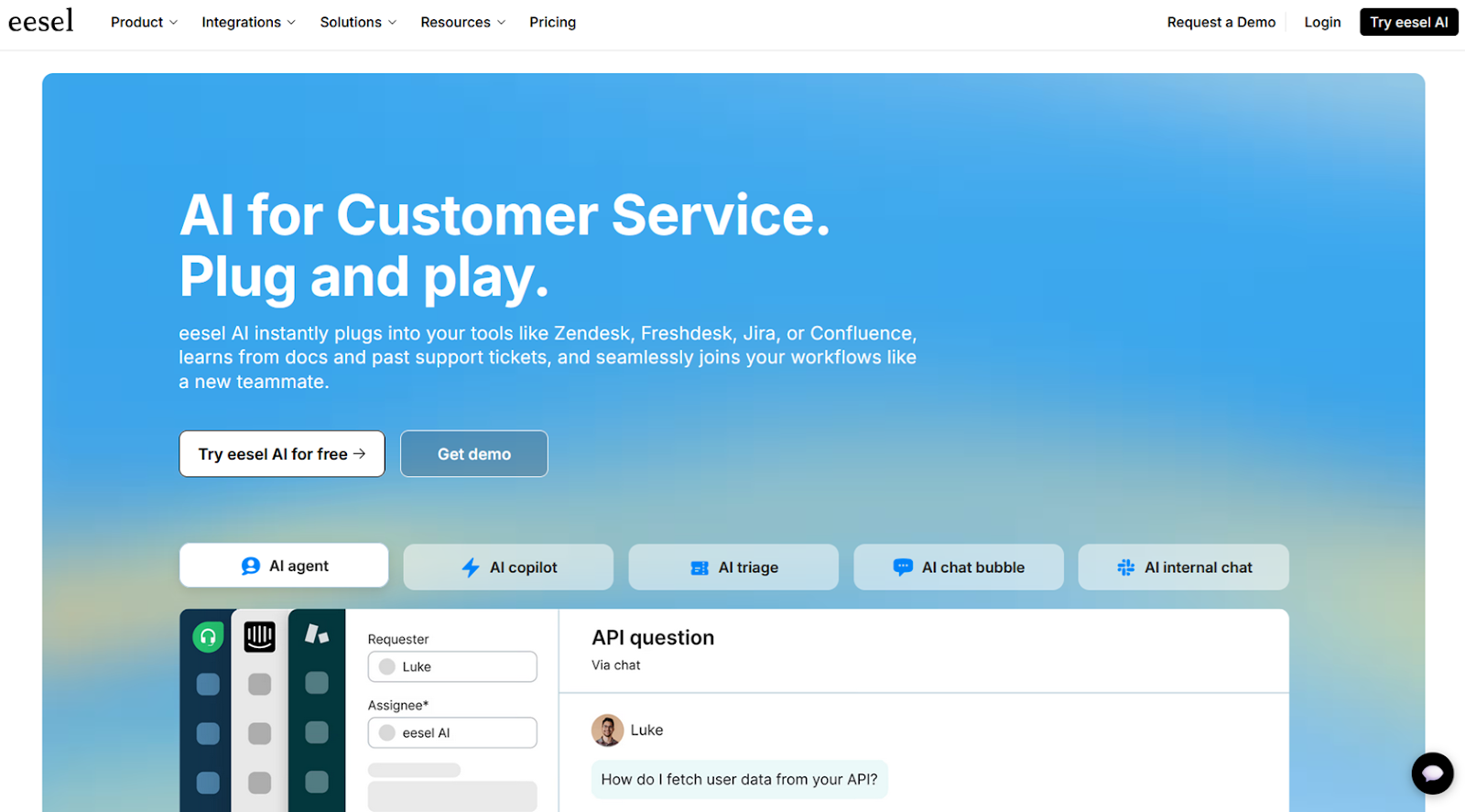 Screenshot of Eesel landing page