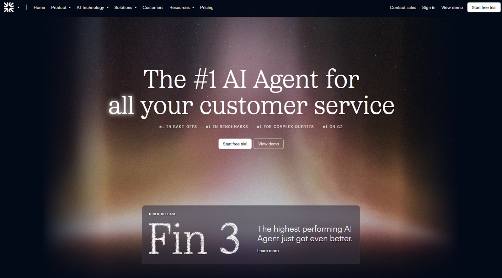 Screenshot of Fin AI landing page