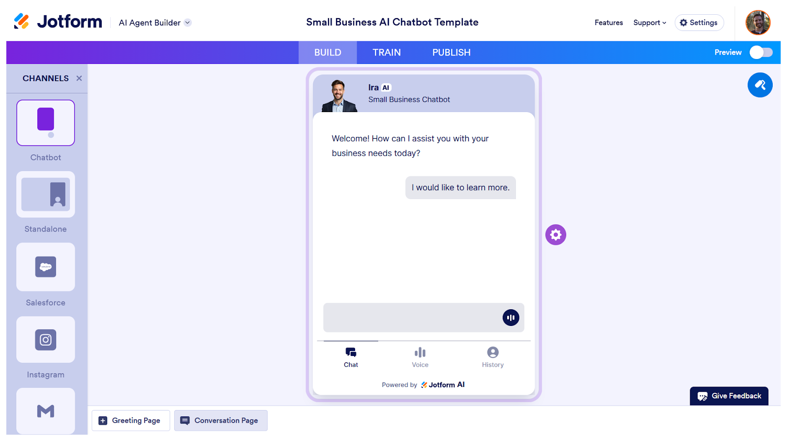 Screenshot of Jotform AI Agent Builder interface with Build, Train, and Publish buttons