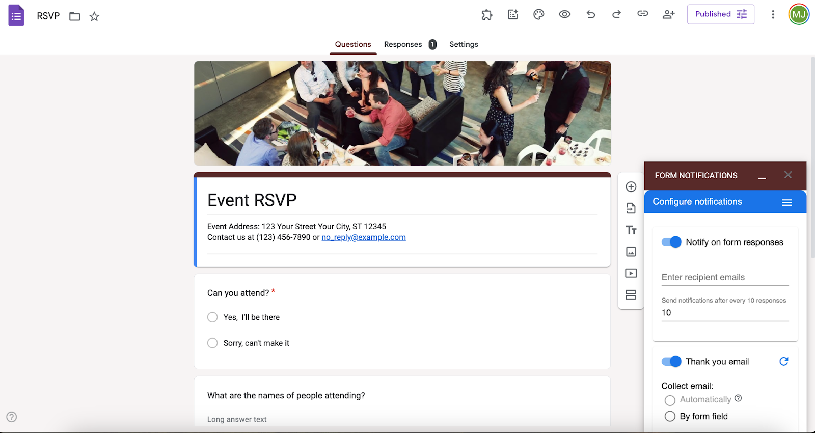 Google Forms interface showing Form Notifications' configure notifications options