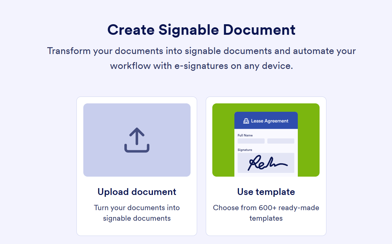 Jotform Sign interface showing two options to create a signable document: upload document or use template
