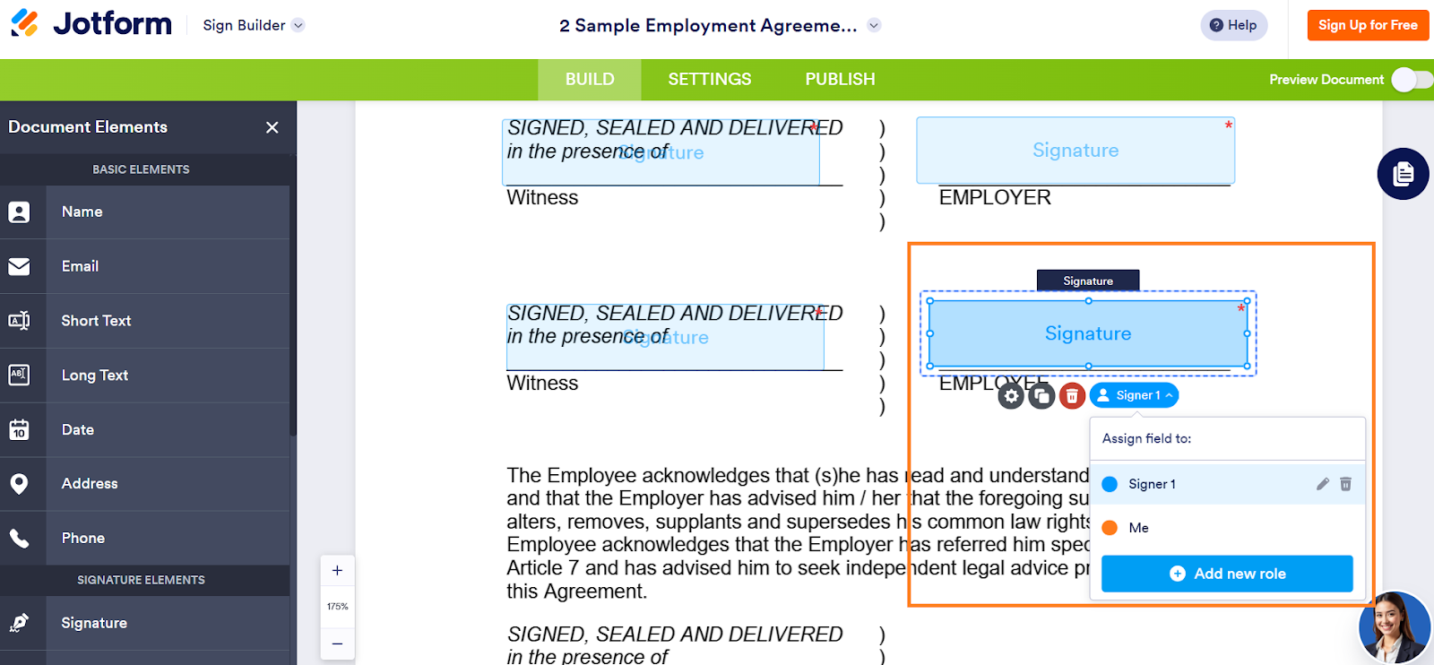 Jotform Sign interface with the Add new role option highlighted in the signature field dropdown menu