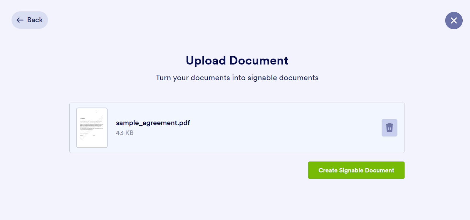Jotform Sign interface showing an uploaded document and the Create Signable Document button