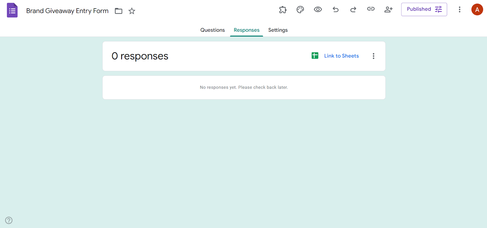 Google Forms interface showing the Responses screen