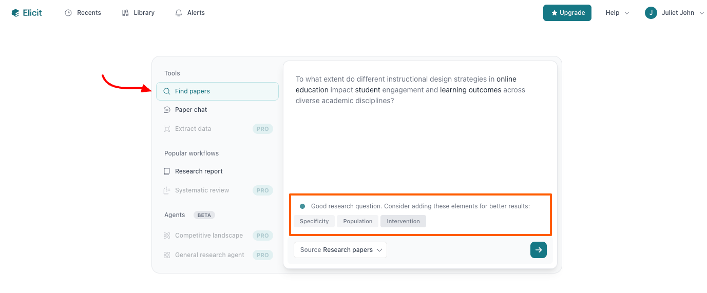 Screenshot of Elicit's interface