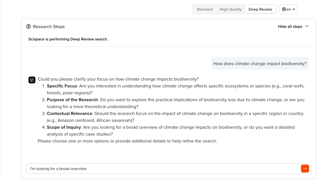 A screenshot of a research tool interface titled "Research Steps