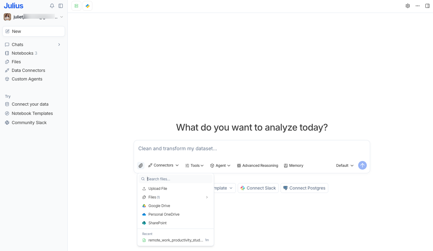 Julius AI workspace prompting “What do you want to analyze today?” with options to upload files or connect data sources from the left sidebar
