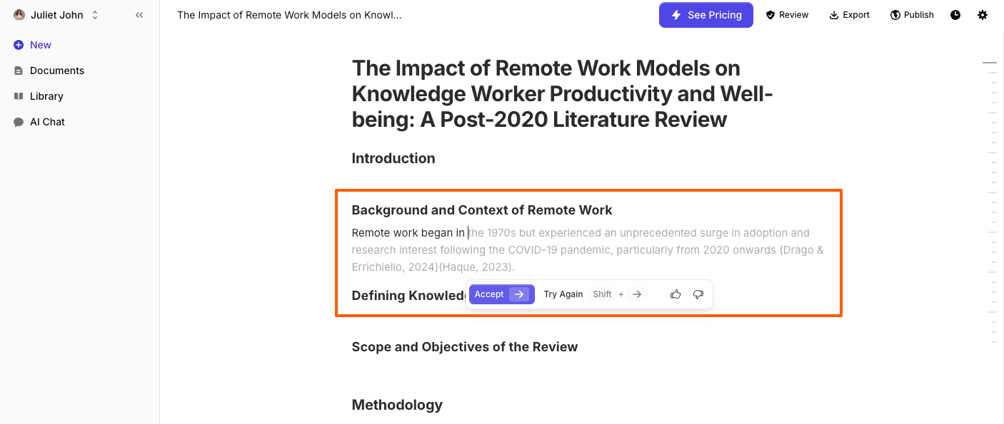 Jenni AI editor showing a section of academic text with inline AI-generated suggestions for improving clarity and structure