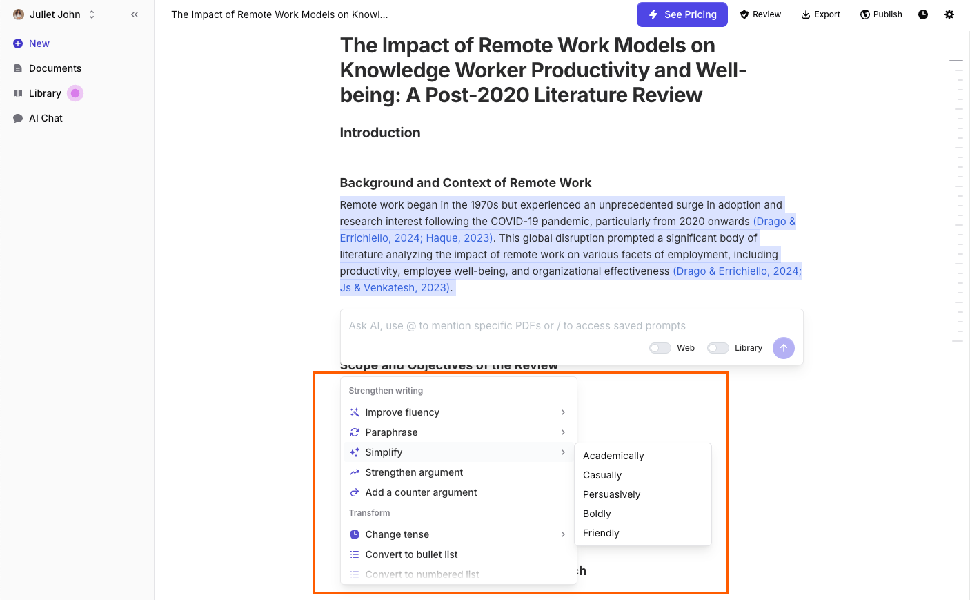 Document editor showing an academic paper titled “The Impact of Remote Work Models on Knowledge Worker Productivity and Well-being,” with a formatting options panel highlighted