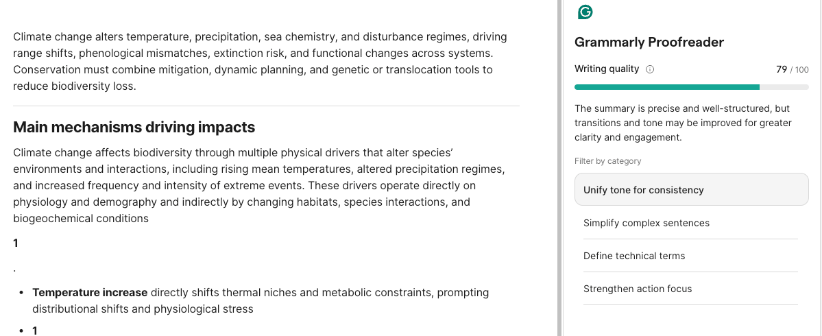 Grammarly editing interface displaying highlighted grammar and clarity suggestions within a draft document