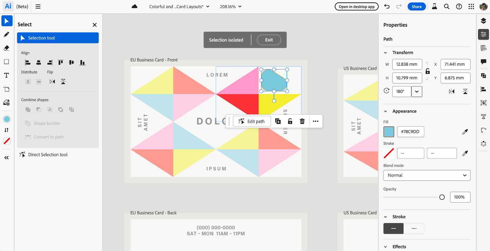 Adobe Illustrator design viewed in a browser-based interface with selection tools and property panels, indicating shared access for review or editing