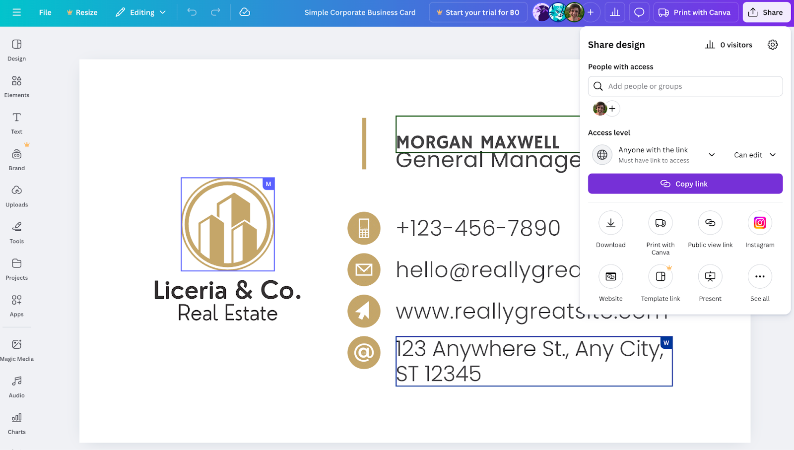 Canva editor with a design selected and a collaboration panel open, showing sharing options, and multiple user icons