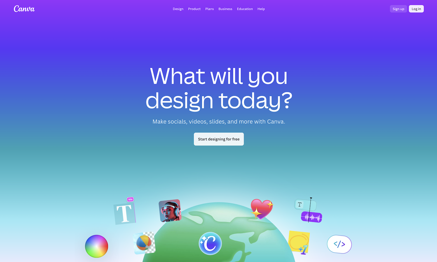 Screenshot of Canva landing page with headline ‘What will you design today?’ and options to create designs
