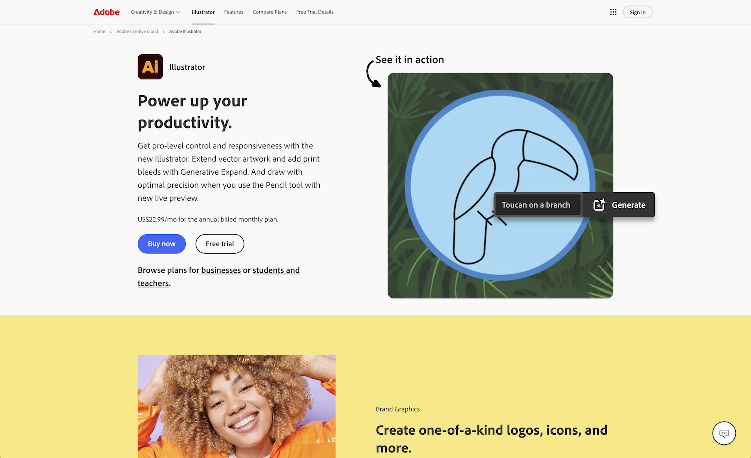 Screenshot of Adobe Illustrator landing page with headline "Power up your productivity