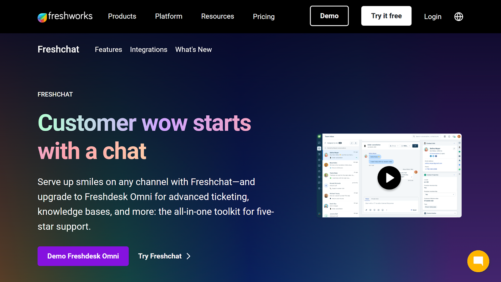 Screenshot of the Freshchat homepage