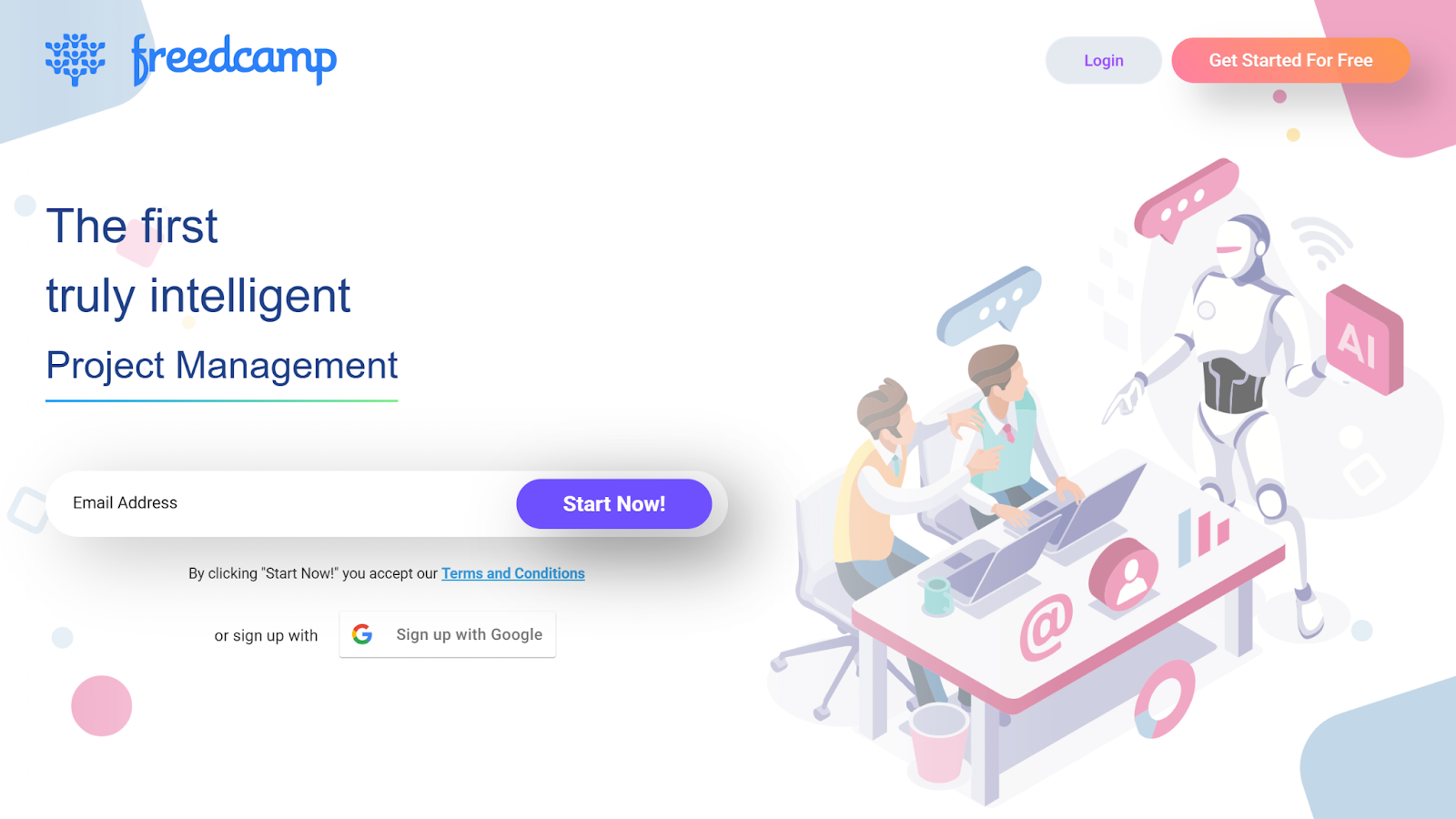 Screenshot of Freedcamp website with the words: "The first truly intelligent Project Management"