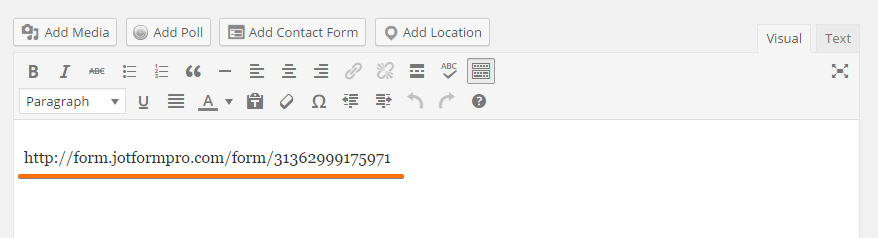 Interface d’édition d’une page WordPress en mode Visuel, affichant l’URL directe d’un formulaire Jotform collée dans l’éditeur sans code d’intégration