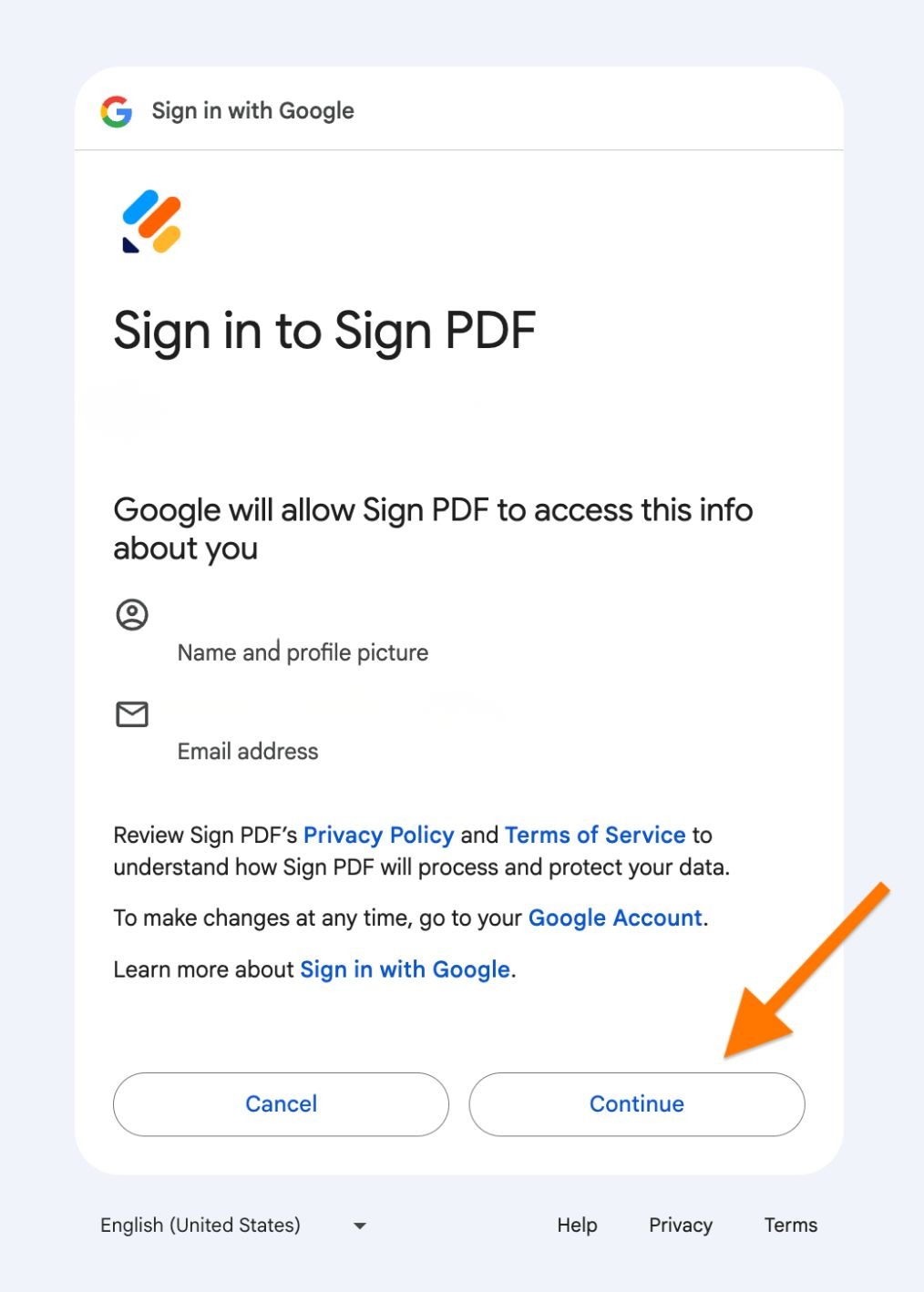 Google popup screen asking the user to sign in to Sign PDF