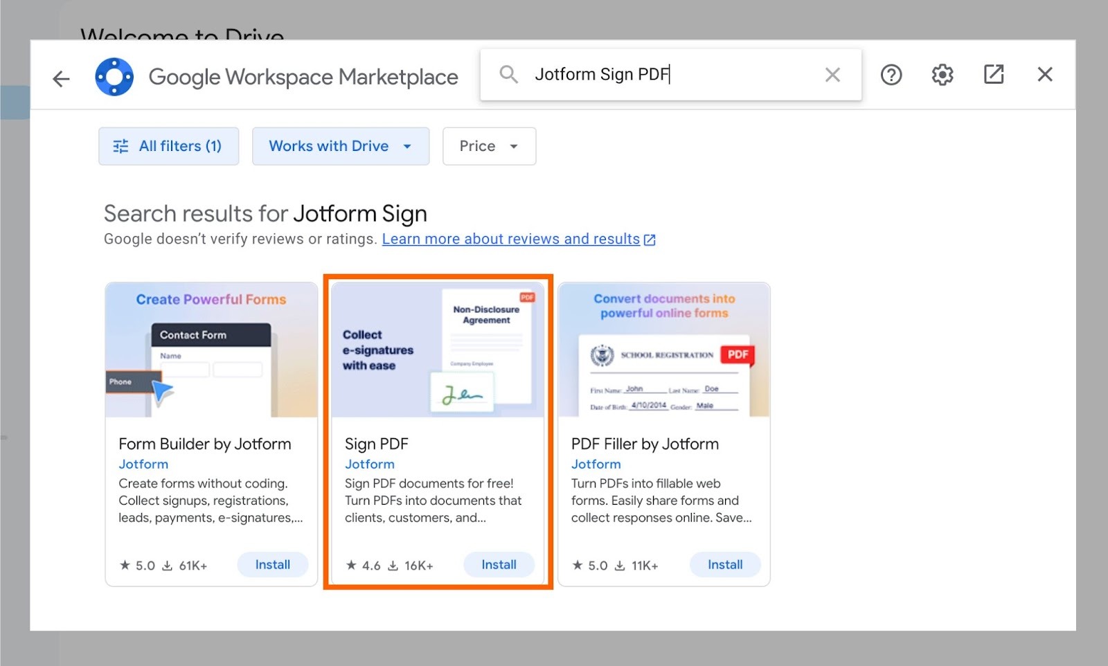 Google Workspace Marketplace showing the search results for Jotform Sign PDF
