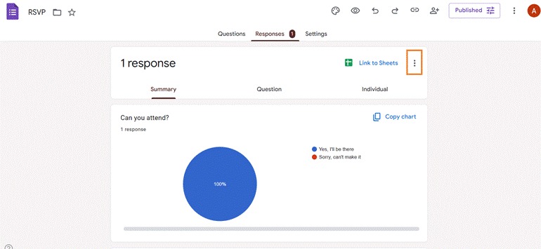 Google Forms interface with the three-dot icon highlighted