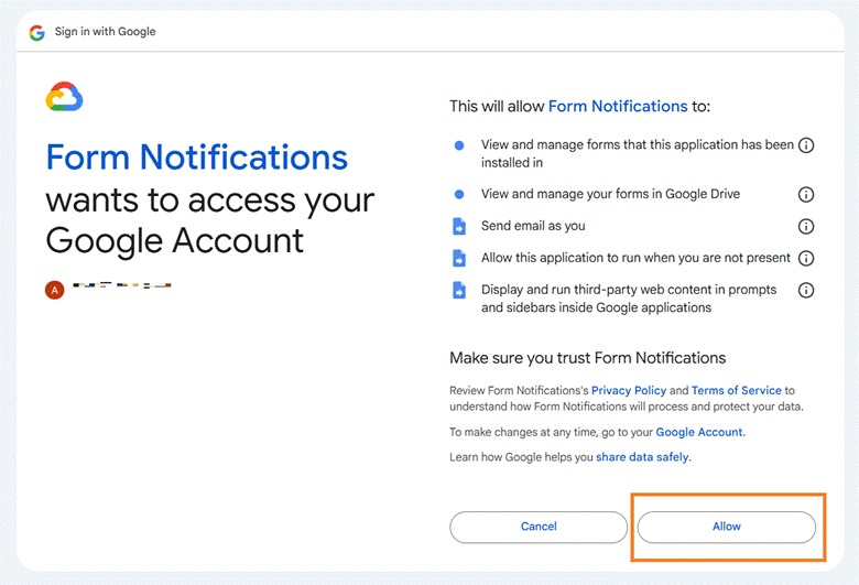 Form Notifications popup asking for permission to the user's Google account