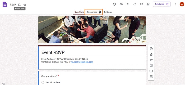 Google Forms interface with the Responses tab highlighted