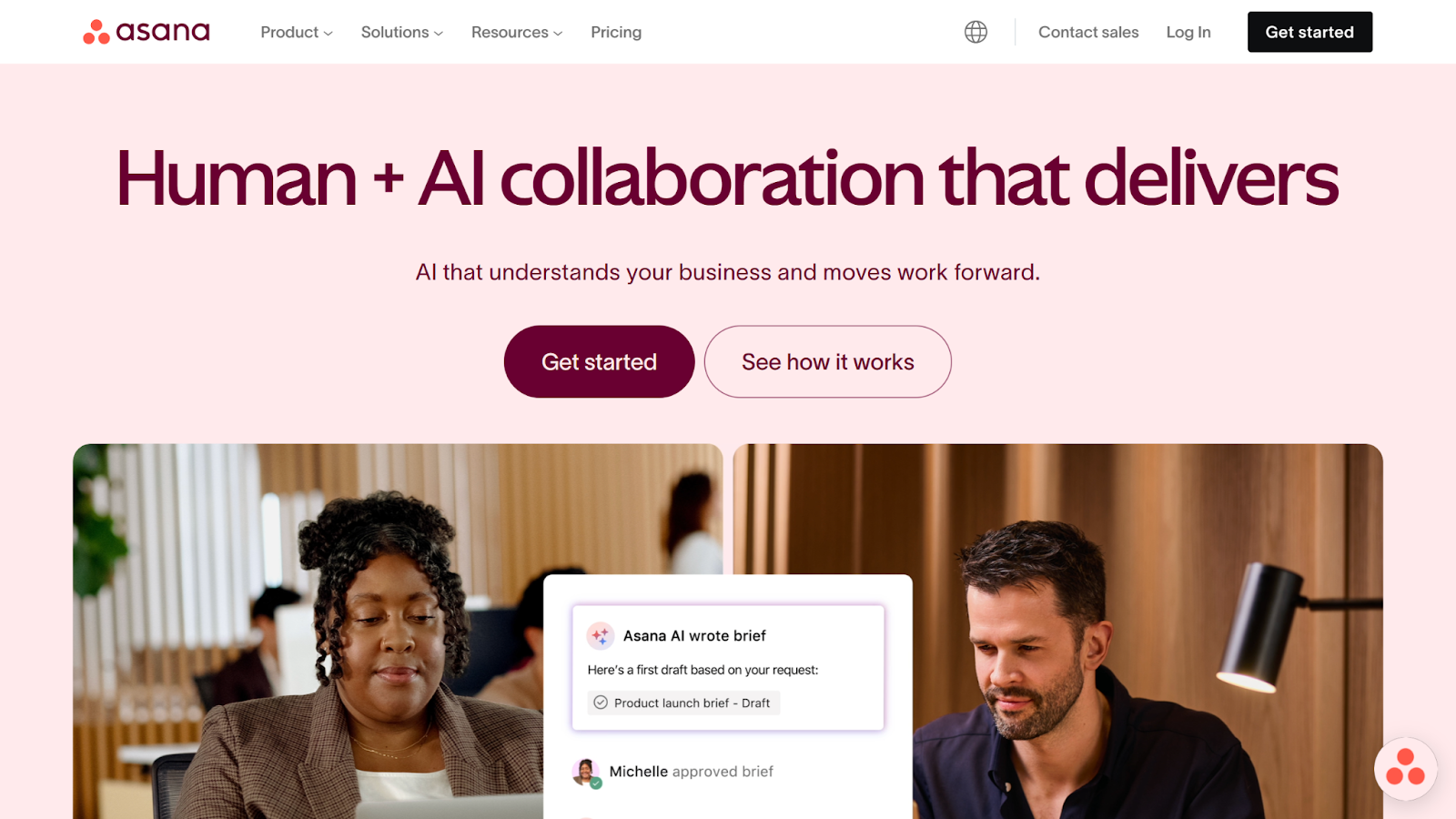 Screenshot of Asana website with the words: "Human + AI collaboration that delivers"