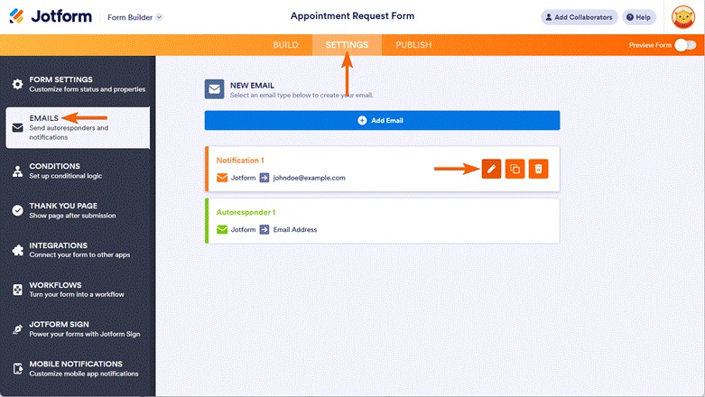 Jotform interface showing how to send form notifications to multiple emails in the settings