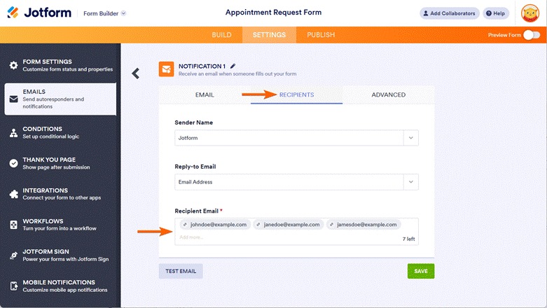 Jotform interface showing where to add the email addresses that you would like to receive form notifications