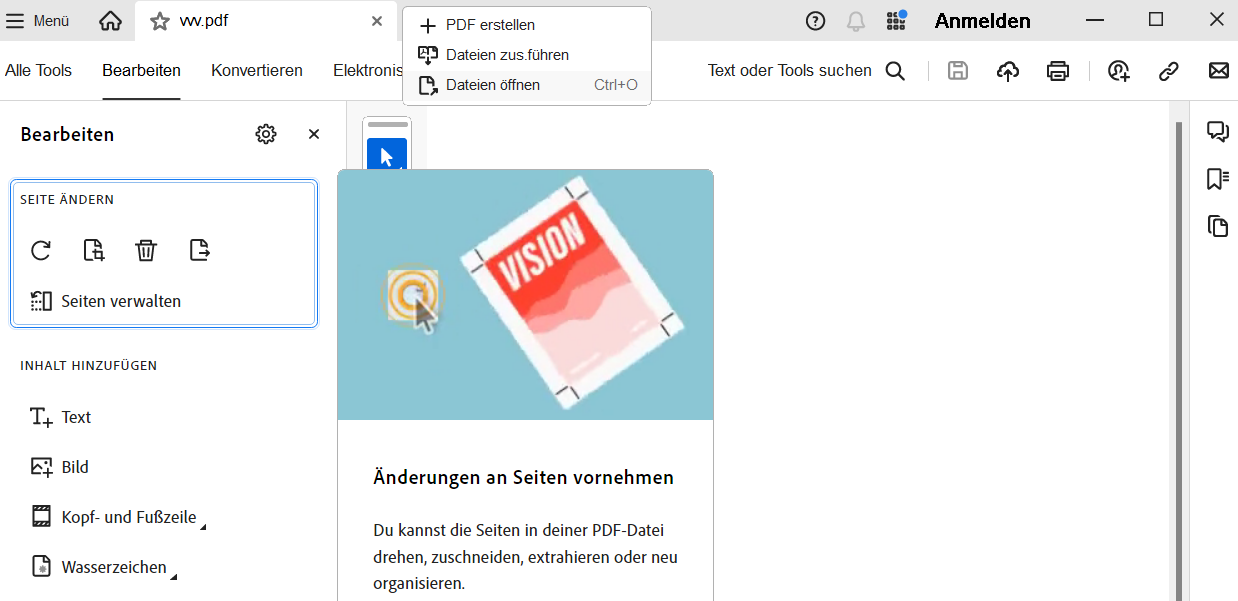 Screenshot der Adobe Acrobat Reader Dateioptionen Klicken Sie auf Öffnen