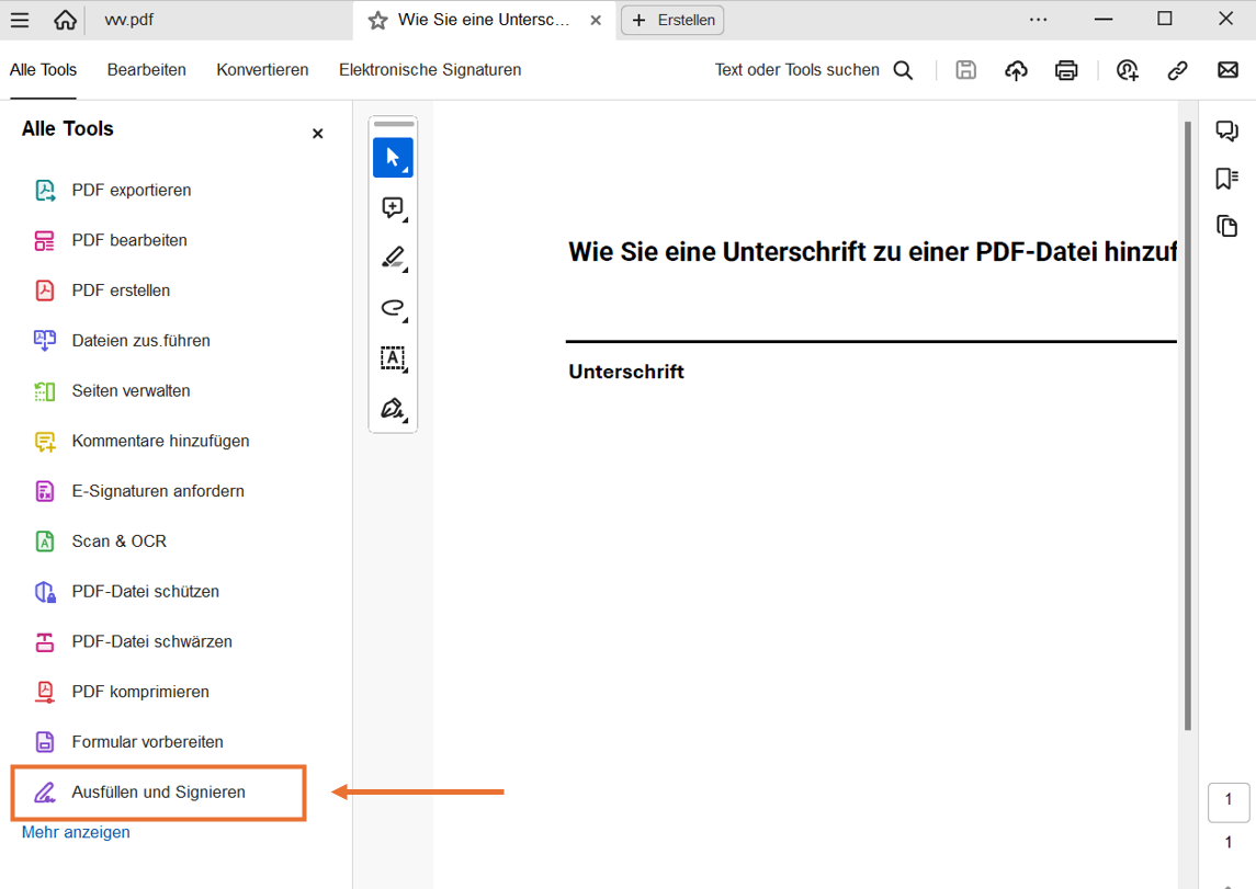 Screenshot von Adobe Acrobat Reader beim Klicken auf die Option Ausfüllen und Signieren
